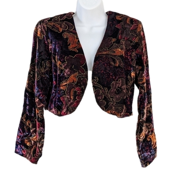 VINTAGE 80s Velour floral textured Cropped Jacket Black burgundy size Small @E - Picture 1 of 8